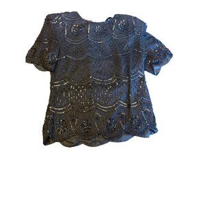 Pisces Black Beaded Silk Sequin Evening Top Large Formal Vintage Design